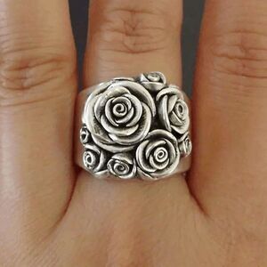 Boho Stainless 3D Steel Rose Flower Wide Band Ring